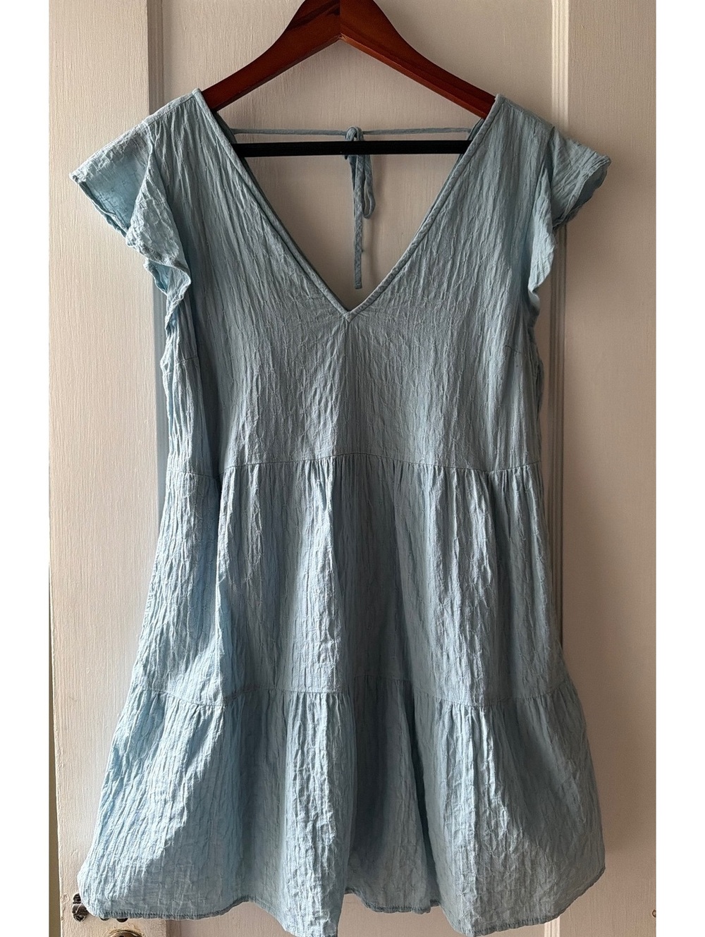Abercrombie Flutter Sleeve Tiered Mini Dress Pockets XSP Light Blue A&F Cottage